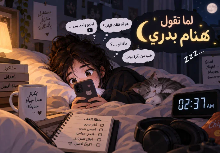 !لما تقول هنام بدري 😂: رحلة البحث عن النوم وسط الموبايل والمنبهات والأفكار الغريبة التي تظهر فجأة قبل النوم كل ليلة