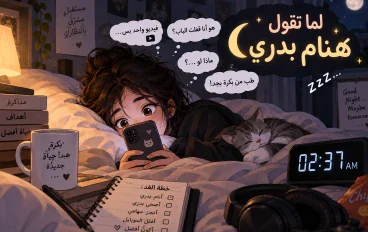 !لما تقول هنام بدري 😂: رحلة البحث عن النوم وسط الموبايل والمنبهات والأفكار الغريبة التي تظهر فجأة قبل النوم كل ليلة