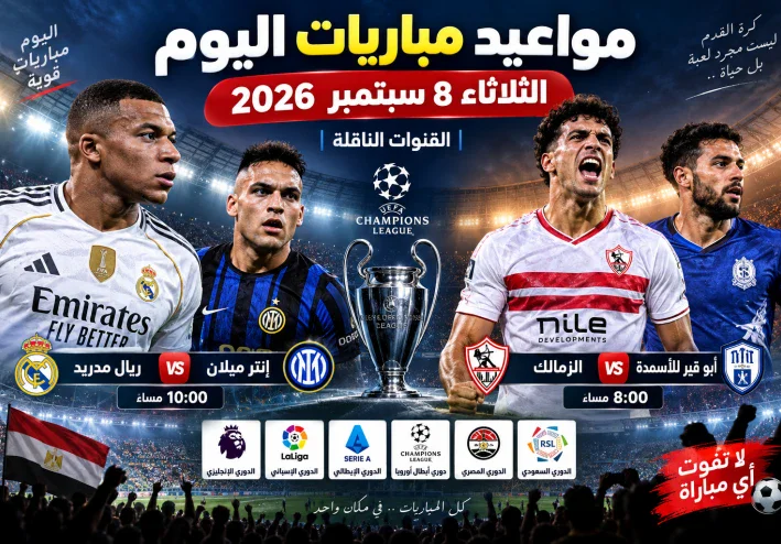 مواعيد مباريات اليوم الثلاثاء 8 سبتمبر 2026 والقنوات الناقلة.. ريال مدريد وإنتر والزمالك