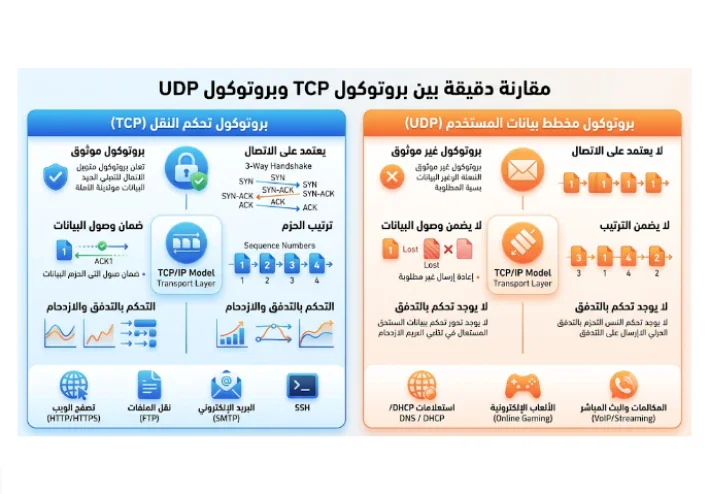 ما الفرق بين بروتكول TCP و بروتكول UDP فى الشبكات