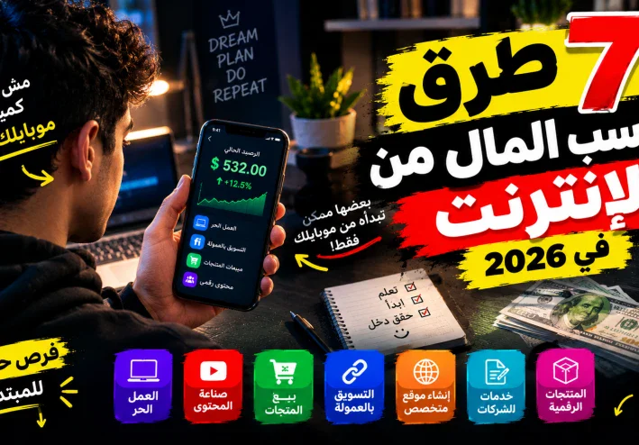 7 طرق لكسب المال من الإنترنت في 2026 — رقم 4 ممكن تبدأه من موبايلك فقط! 💰📱  هل تبحث عن طريقة حقيقية لكسب المال من الإن