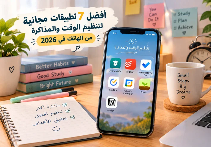 أفضل 7 تطبيقات مجانية لتنظيم الوقت والمذاكرة من الهاتف في 2026