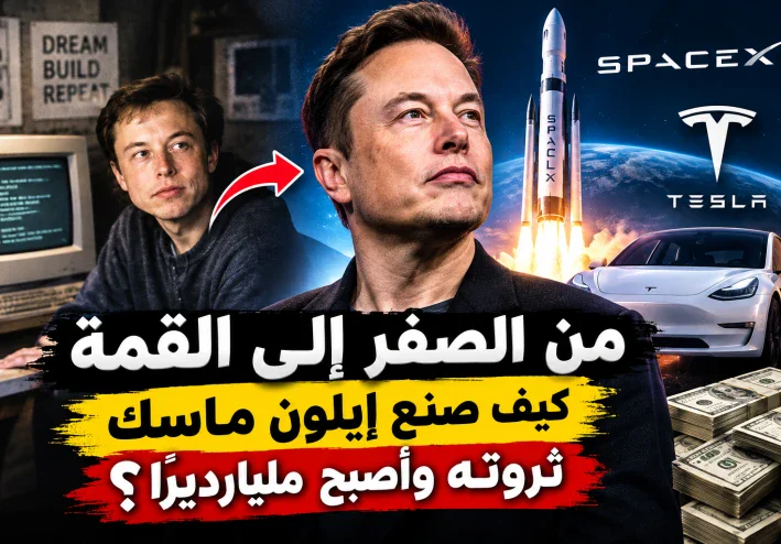 🔥 من الصفر إلى القمة: كيف صنع إيلون ماسك ثروته وأصبح مليارديرًا؟