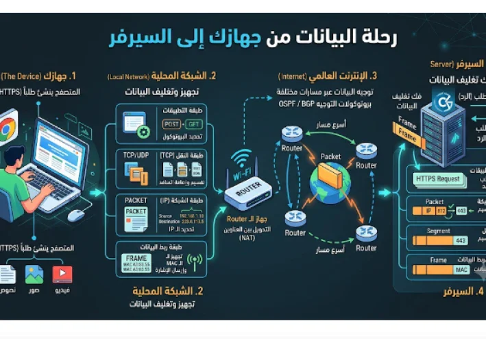 رحلة البيانات (Data Packet) من جهازك إلى السيرفر