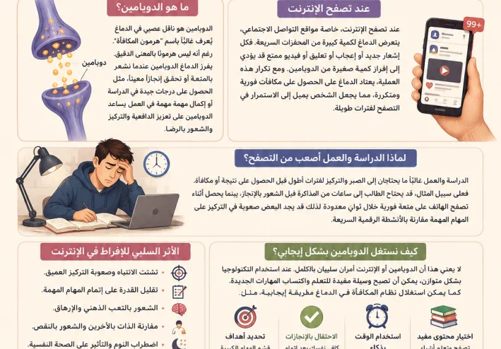 كيف يسرق الدوبامين تركيزك؟ تأثير الإنترنت على الدماغ والدراسة والعمل