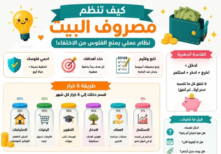 كيف تنظم مصروف البيت بطريقة بسيطة؟ نظام عملي يمنع الفلوس من الاختفاء