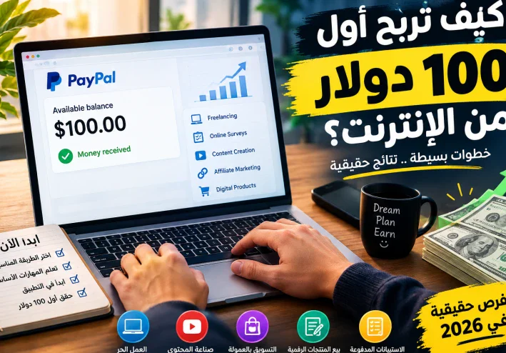كيف تربح أول 100 دولار من الإنترنت في 2026 ؟  10 طرق حقيقية للمبتدئين