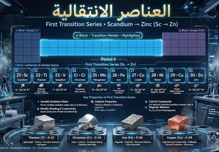 شرح السلسلة الانتقالية الأولى من Sc إلى Zn بالتفصيل - توزيع إلكتروني وسبائك واستخدامات | كيمياء 3 ثانوي