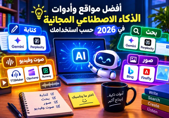 أفضل مواقع وأدوات الذكاء الاصطناعي المجانية في 2026 حسب استخدامك