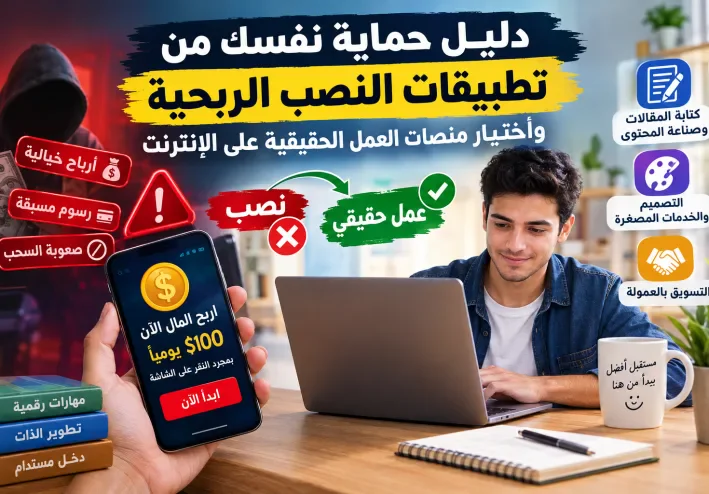دليل حماية نفسك من تطبيقات النصب الربحية واختيار منصات العمل الحقيقية على الإنترنت