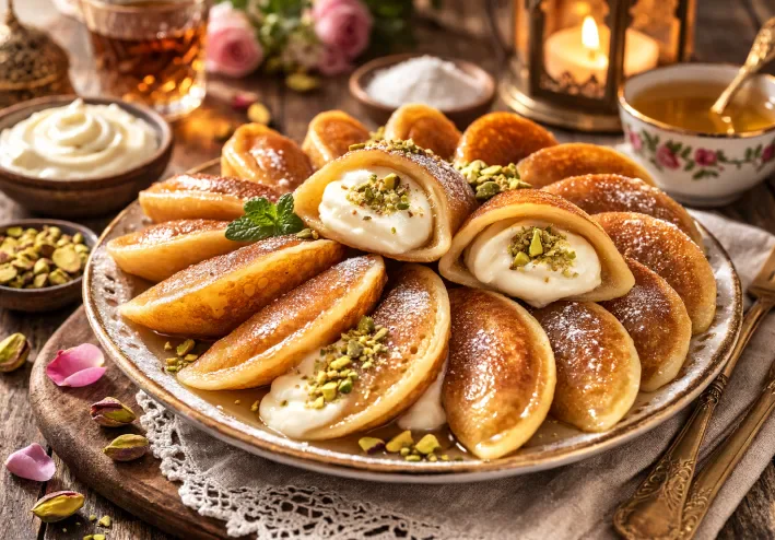طريقة عمل قطايف بالقشطة في المنزل مثل المحلات (وصفة سهلة وناجحة 100%)