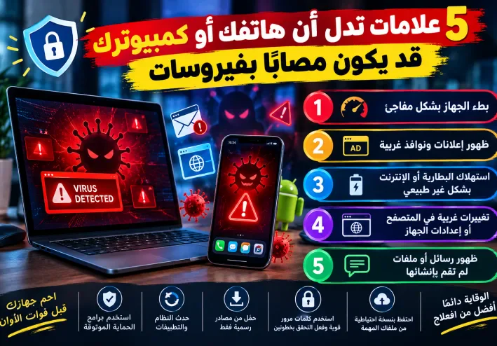 🛡️ 5 علامات تدل أن هاتفك أو كمبيوترك قد يكون مصابًا بفيروسات