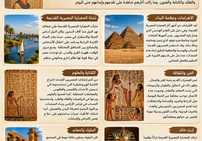 الحضارة المصرية القديمة: حضارة وُلدت على ضفاف النيل، فبنت الأهرامات واخترعت الكتابة وخلّدت اسمها في التاريخ