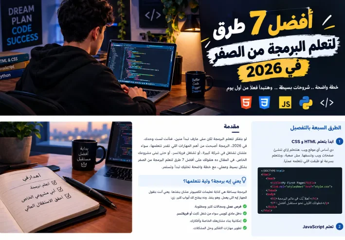 أفضل 7 طرق لتعلم البرمجة من الصفر في 2026 | خطة بسيطة للمبتدئين.