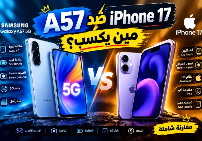 # Samsung Galaxy A57 5G أم iPhone 17؟ مقارنة شاملة في 2026.. وأيهما يستحق الشراء؟
