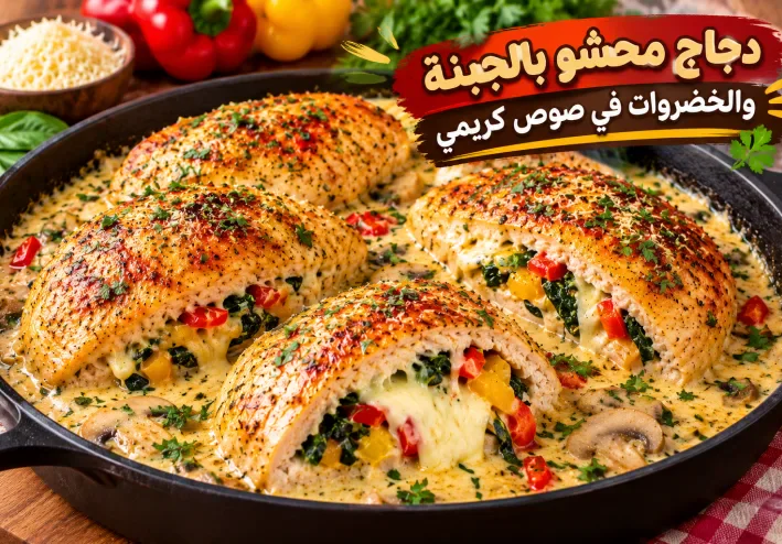 مفاجأة المائدة: دجاج محشو بالجبنة والخضروات في صوص كريمي لا يُقاوم