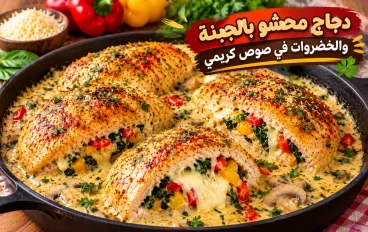 مفاجأة المائدة: دجاج محشو بالجبنة والخضروات في صوص كريمي لا يُقاوم