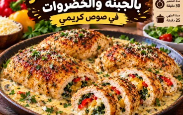 طبق سيخطف الأنظار من أول لقمة: رول الدجاج المحشو بالجبنة والخضروات في صوص كريمي