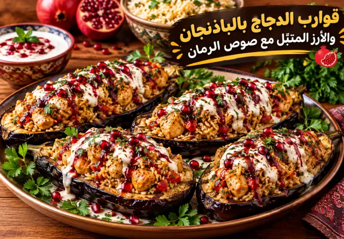 طبق سيجعل الجميع يسأل عن السر: قوارب الدجاج بالباذنجان والأرز المتبّل مع صوص الرمان
