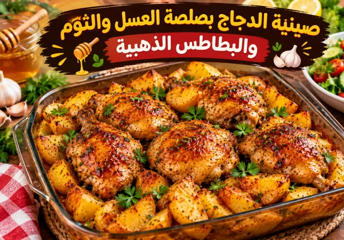 🍗 صينية الدجاج بصلصة العسل والثوم والبطاطس الذهبية.. طبق رئيسي يخطف القلوب من أول لقمة!