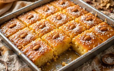 طريقة عمل كيكة الرواني الهشة بجوز الهند والشربات - كيكة البسبوسة الأصلية