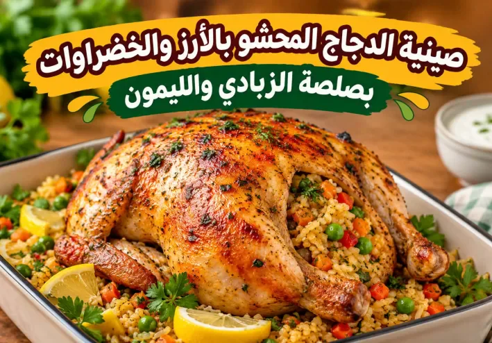 صينية الدجاج المحشو بالأرز والخضراوات بصلصة الزبادي والليمون.. طبق رئيسي جديد يجمع بين الطعم الغني والشكل الفاخر