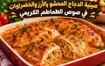 صينية الدجاج المحشي بالأرز والخضراوات في صوص الطماطم الكريمي.. وجبة متكاملة بطعم لا يُقاوم