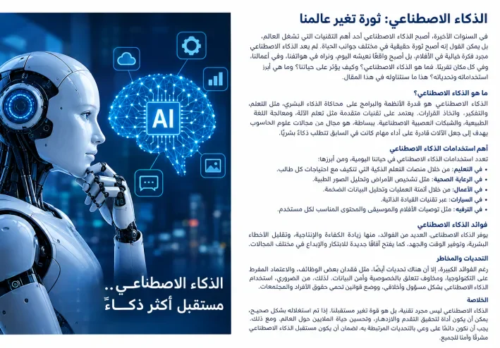 تعرف على مفهوم الذكاء الاصطناعي وأهم استخداماته في التعليم والطب والتجارة، واكتشف أبرز فوائده وتحدياته وتأثيره في مستقبل