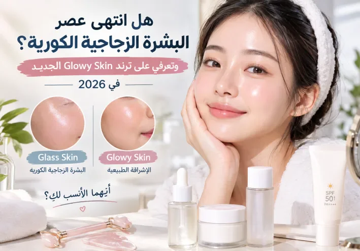 هل انتهى عصر البشرة الزجاجية الكورية؟ اكتشفي ترند Glowy Skin الجديد في 2026  والفرق بين البشرة الزجاجية والبشرة الجلوي ؟