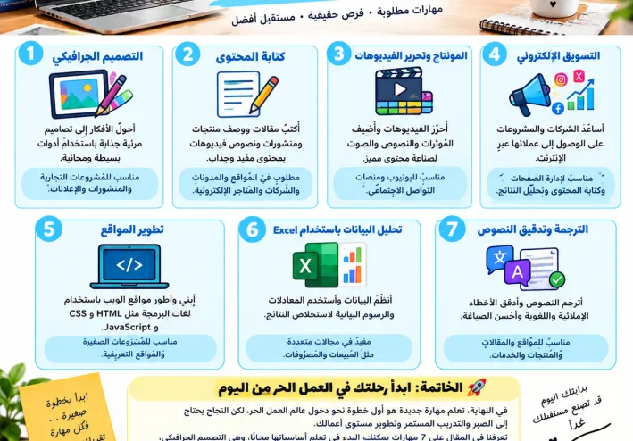 أفضل 7 مهارات تقدر تتعلمها مجانًا وتبدأ بيها العمل الحر