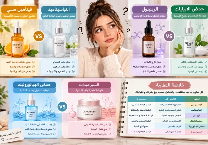 هل انتي حائرة بين منتجات العناية بالبشرة ؟ ولا تعرفي الأنسب لمشكلتك دليلك الأمثل لإختيار أفضل مكونات العناية بالبشرة