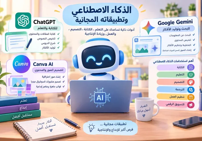 الذكاء الاصطناعي و تطبيقاته المجانية:  أفضل الأدوات للكتابة والتصميم والتعلم والعمل وزيادة الإنتاجية خطوة بخطوة  في 2026