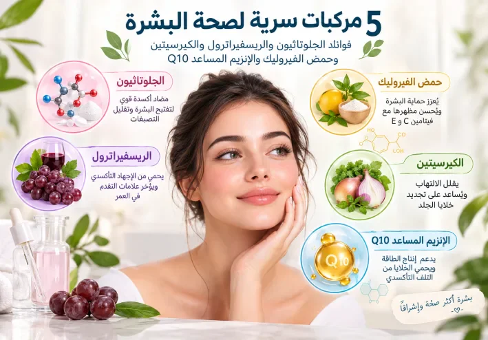 5 مركبات سرية لصحة البشرة :  فوائد الجلوتاثيون  والريسفيراترول  والكيرسيتين و حمض الفيروليك و الانزيمات المساعدة مثل Q10