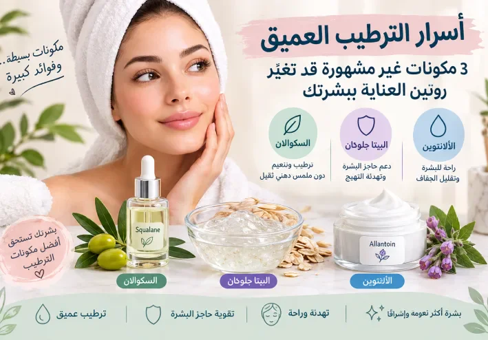 أسرار الترطيب العميق: 3 مكونات غير مشهورة (السكوالان والبيتا جلوكان والألانتوين ) قد تغيّر روتين العناية ببشرتك لأفضل