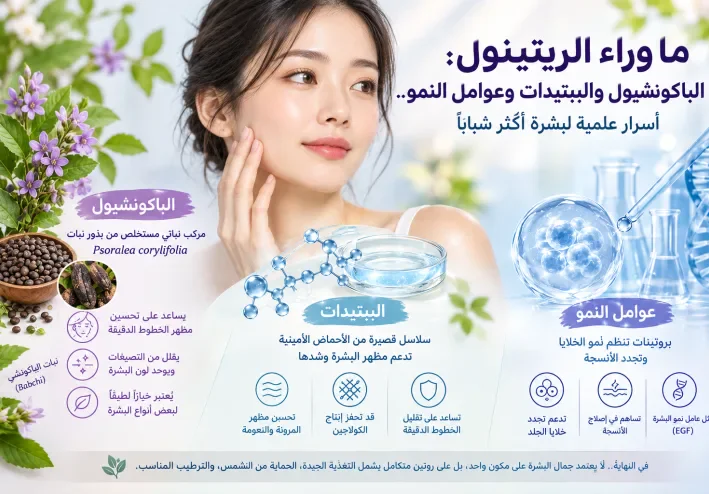 ما وراء الريتينول: الباكونشيول والببتيدات وعوامل النمو... أسرار علمية ومكونات مفيدة للعنايى ببشرة أكثر شبابًا وحيوية