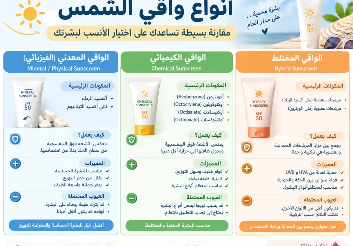 واقي الشمس في الشتاء: اكتشفي أنواعه ومكوناته والفرق بينها وكيف تختارين النوع المناسب لبشرتك وتحافظين على نضارتها وتحميها