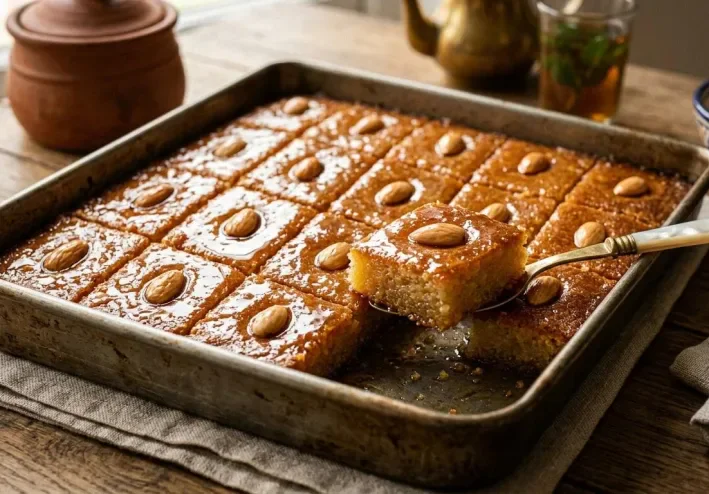 طريقة عمل البسبوسة الذهبية بالسمن والقطر في المنزل.. سر الطراوة واللون الذهبي المميز 🍰