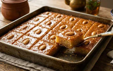 طريقة عمل البسبوسة الذهبية بالسمن والقطر في المنزل.. سر الطراوة واللون الذهبي المميز 🍰